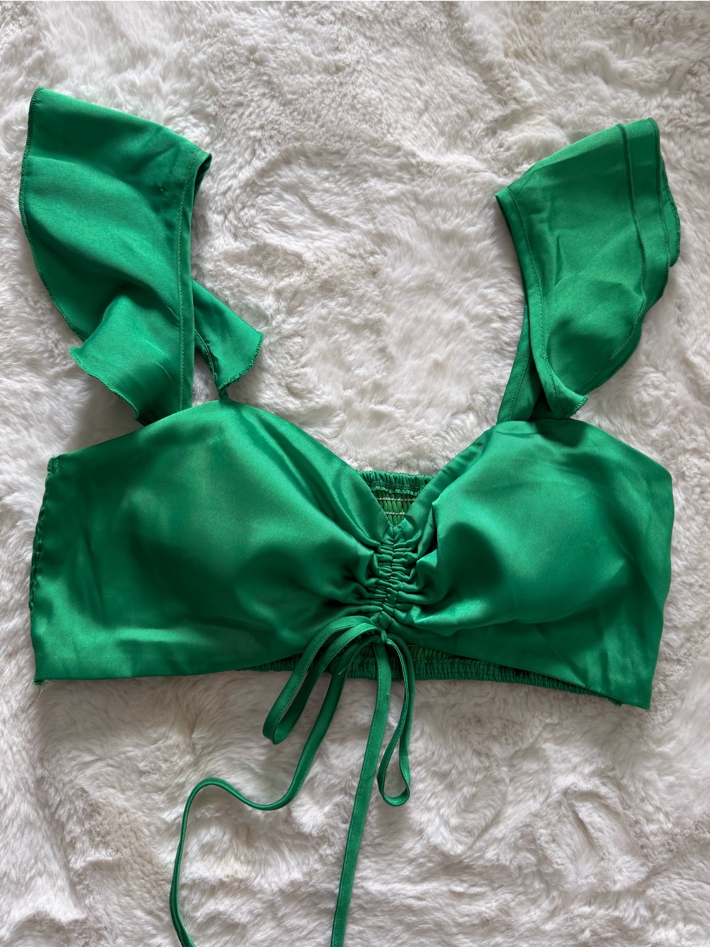 NWOT Azura Green Satin Tie-Front Ruffle Shoulder Crop Top